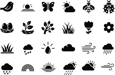 Naklejka premium Spring season nature elements and weather conditions icon set.