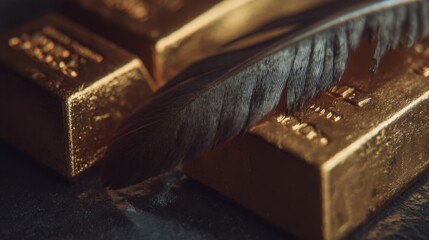 Elegant Black Feather on Gold Bars Showcasing Luxury and Opulence