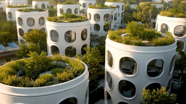 Aerial view modern cylindrical buildings rooftops covered green vegetation plants eco architecture urban design