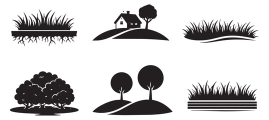 Simple silhouette landscape elements set featuring grass, house, trees, and bushes for environmental design and outdoor projects