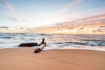 Beautiful beach at colorful sunset by ocean with wood log in the foreground