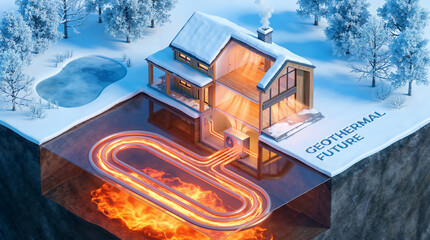Eco friendly geothermal heating system for a residential house in winter. 3D cutaway showing horizontal ground loop pipes extracting thermal energy for home warming and sustainability.