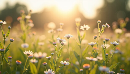 Vibrant wildflower field with blooming white daisies under golden sunbeams. Summer wildflower field captures serene nature landscape and soft light.