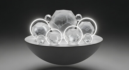 Futuristic Abstract Composition of Translucent Glass Polyhedrons with Glowing White Rings on a Hemisphere