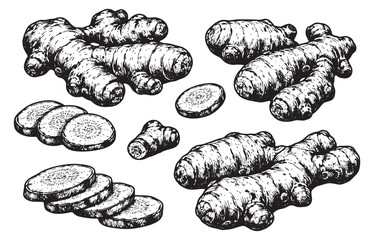 Hand drawn line art ginger set featuring whole roots and sliced pieces for culinary applications