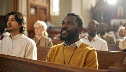 Diverse congregation attending a spiritual service in a beautiful church, with a focus on a man deep in thought during worship