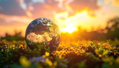 A radiant vision of our precious Earth captured within a glowing sphere, resting gently amidst a vibrant field at golden hour, symbolizing hope for a sustainable future