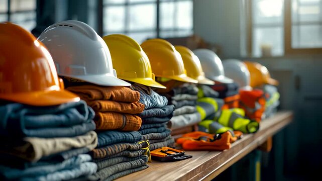 Row of colorful hard hats orange yellow helmets stacked work gloves safety gear on wooden workbench