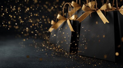 New Year shopping concept with premium black bags, shimmering confetti and warm festive glow, ideal for seasonal advertising.