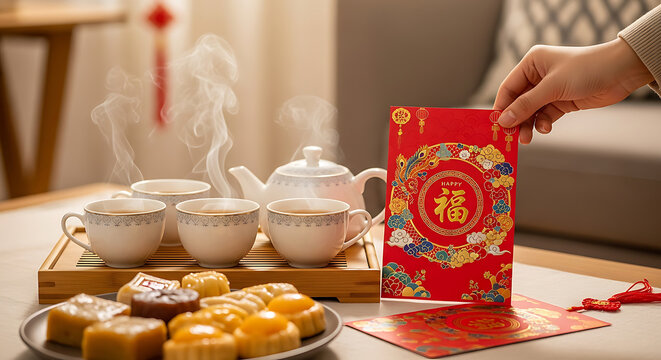 Traditional hand holding red envelope for Chinese Lunar New Year celebration with hot tea and pastries - Powered by Adobe