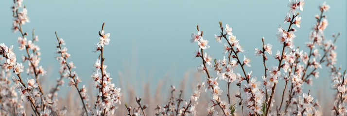 Blossoming cherry branches with pink flowers against blue background  