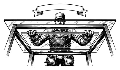 Fototapeta premium Construction worker installing large glass pane into frame with banner