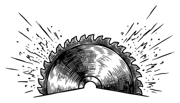 Sharp circular saw blade cutting wood with flying chips