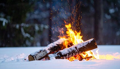 A warm crackling campfire burning brightly in a snowy forest clearing at dusk