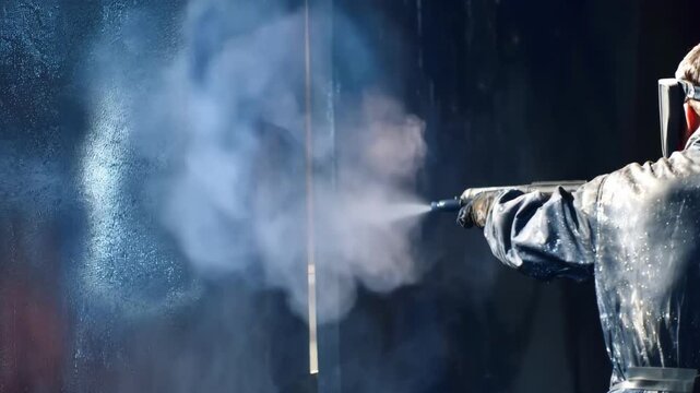 Medium shot of an industrial worker using abrasive blasting equipment to clean and texture a cast surface creating uniform roughness.