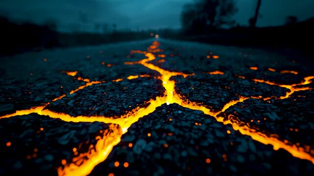 Cracked asphalt road glowing with molten orange lava cracks in dark foggy night scene