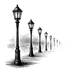 Row of vintage street lamps receding in perspective sketch © Tomas