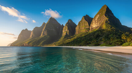 Majestic coastal mountains rising sharply from turquoise ocean waters, with white sandy beaches and lush green vegetation under a clear blue sky and soft morning light