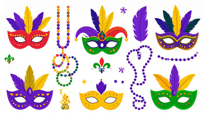 Obraz premium Mardi gras carnival elements like masks beads and feathers set
