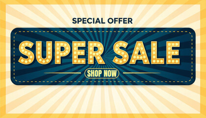 Super sale special offer banner with retro lights