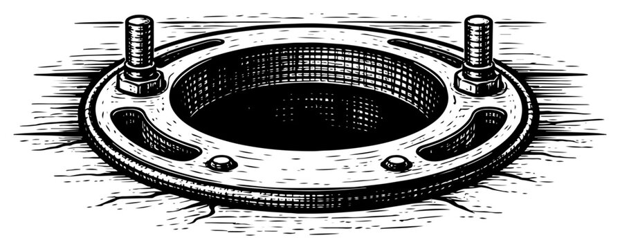 Round toilet flange plumbing part on floor with mounting bolts