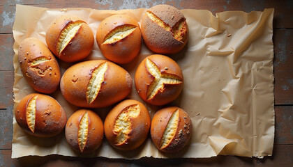 Freshly baked bread rolls arranged on crumpled parchment paper, showcasing golden brown crust and individual scores. Warm bread rolls are perfect for breakfast or dinner, offering a rustic feel.