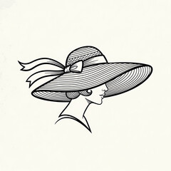 Elegant vintage black and white line art illustration of a woman wearing a wide brimmed sun hat