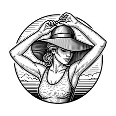 A classic woodcut engraving illustration of a beautiful woman wearing a large summer sun hat