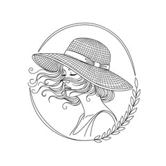 Elegant Minimalist Line Art Illustration of a Beautiful Woman Wearing a Wide Brimmed Sun Hat in a Circle