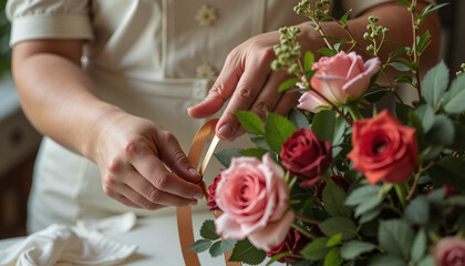 Hands creating flower arrangement with pink and red roses, carefully tying a golden ribbon around fresh blooms and green foliage.