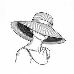 Elegant black and white line art illustration of a woman wearing a wide brimmed sun hat
