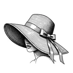 Elegant Vintage Style Illustration of a Woman Wearing a Large Summer Sun Hat with a Ribbon Bow