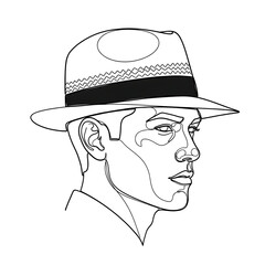Minimalist Continuous Line Drawing of a Stylish Man Wearing a Classic Fedora Hat