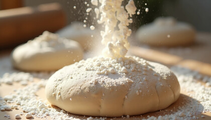Fresh dough preparation with white flour falling onto soft, round masa on rustic wooden table, illuminated by natural light.