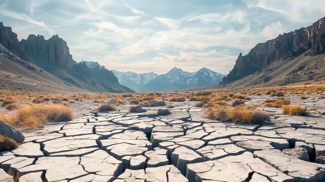 Dramatic cracked dry earth desert landscape with jagged mountain peaks rocky ridges under vast cloudy sky arid barren wasteland drought environment view