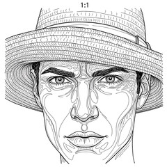 Highly detailed black and white line art illustration of a man wearing a wide brimmed straw hat