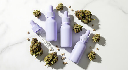 Modern purple dropper bottles for CBD oil arranged with cannabis flower buds and seeds on marble.