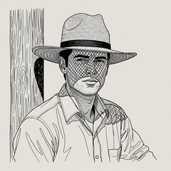 Detailed Monochrome Ink Drawing of a Man in a Straw Hat Leaning Against a Wooden Post