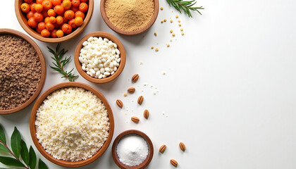 Variety of healthy ingredients in wooden bowls on white, including various grains, nuts, and berries. This collection of healthy ingredients showcases superfoods such as almonds, oats,