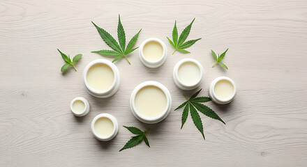Assortment of natural cannabis infused skincare cream in white jars on a light wooden background