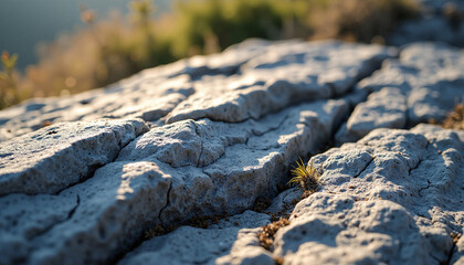 Rough gray rock texture displaying natural cracks, weathered surface under warm sunlight. Intricate rock texture highlights detailed patterns, rugged terrain, with small patches of dry grass.