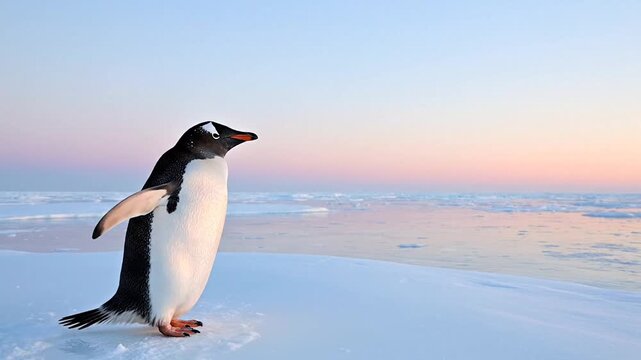 Gentoo Penguin on Icy Shore at Sunset with Copy Space, Antarctic wildlife concept