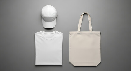 A clean minimalist branding mockup featuring a white folded t-shirt, baseball cap, and canvas tote bag.