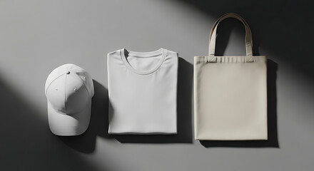 Clean minimalist mockup of a white baseball cap folded white t-shirt and beige tote bag