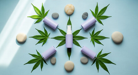 Artistic Flat Lay of Purple CBD Skincare Bottles and Cannabis Leaves with Smooth Zen Stones