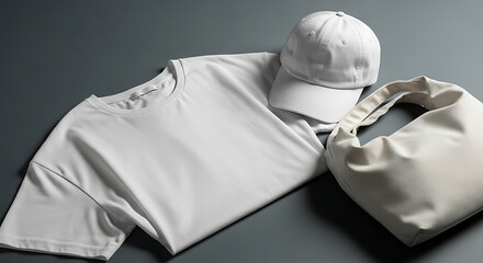 Mockup of Blank White T-shirt Baseball Cap and Canvas Tote Bag for Branding and Apparel Design Presentation