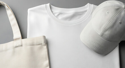 Flat lay composition featuring a blank white t-shirt, baseball cap, and canvas tote bag for branding mockups