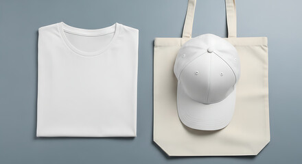 Minimalist white t-shirt, tote bag and baseball cap mockup for branding and corporate identity presentation