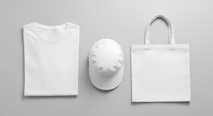 Blank white apparel set featuring a folded t-shirt, bucket hat, and tote bag on a grey background.