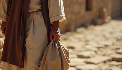 Ancient bible scene depicting a person in traditional robes walking on dusty path, hand clutching fabric. This historical bible scene evokes spiritual journey,